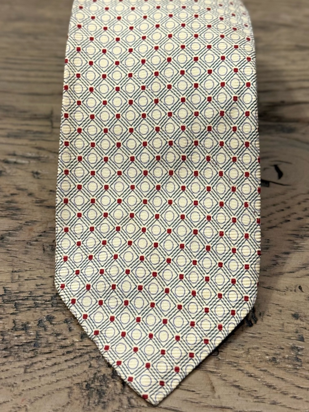 Paul Stuart Cream Silk Tie with Red Dot Geometric Pattern